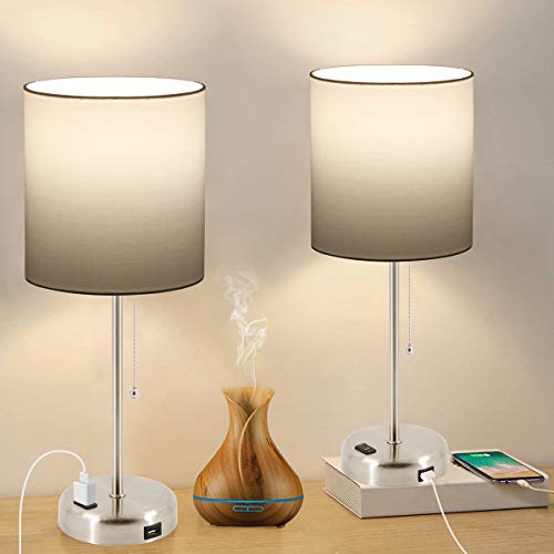 Bedside Table Lamps for Bedroom Set of 2 w/ USB Charging Port & AC Outlet  2 Blubs Included