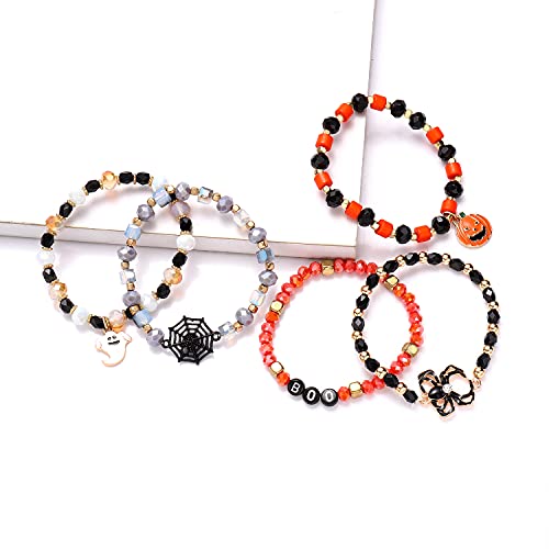 Halloween Beaded Bracelets Pumpkin Spider Ghost Charms Bracelets BOO Stretch Bracelets Holiday Set