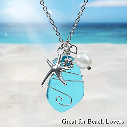 Glass Necklace, Wire Wrapped Beach Necklaces with Starfish Pendant, Freshwater Pearls, Sea Glass Jewelry,