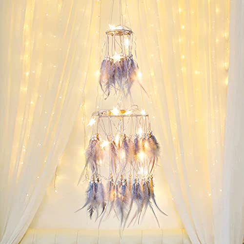 Double Circle Feather Dream Catcher w/ Mobile LED Fairy Lights Wall Ornaments