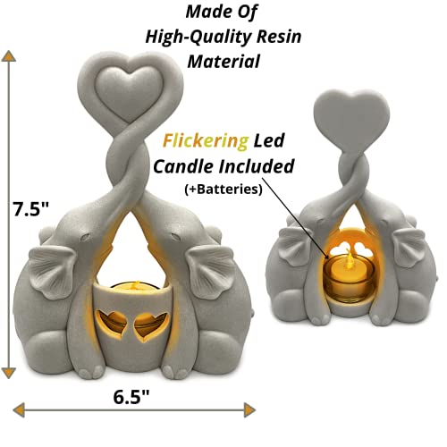 Elephants Love Candle Holder Statue W/ Flickering LED Candle