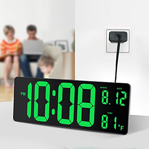 14.5" Large Digital Wall Clock w/ Jumbo LED Number Display, Auto DST, Date, Indoor Temperature