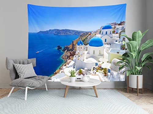 Greece Cityscape Tapestry White Architecture of Oia Village on Santorini Island Wall Decoration