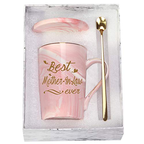 Best Mother In Law Coffee Mug Best 14 Ounce Pink w/ Gift Box Spoon Coaster