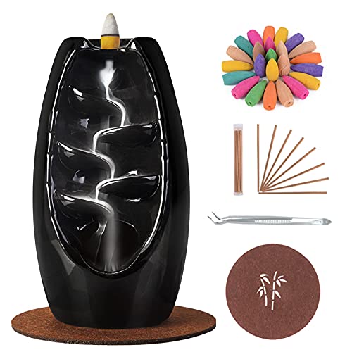 Ceramic Backflow Incense Holder Waterfall Incense Burner Bundle includes 120 Backflow Incense Cones + 30 Incense Sticks, Aromatherapy Home Decor