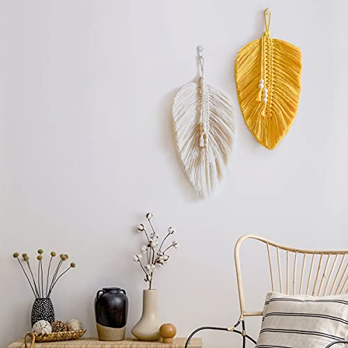 Cotton Macrame Feather Leaf w/  Wooden Beads Wall Decoration