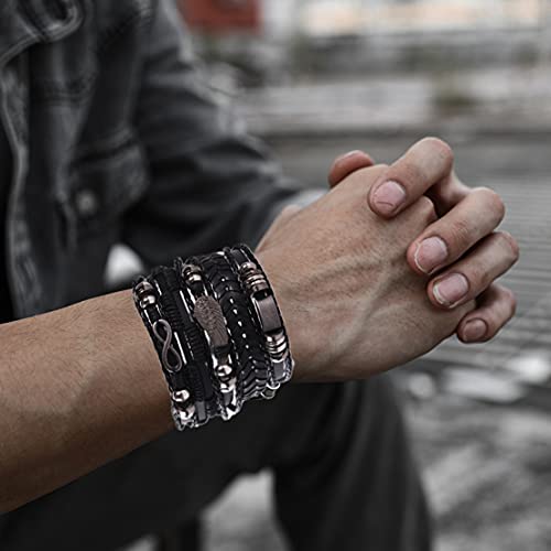 6 Packs Mens Punk Black Leather Bracelets