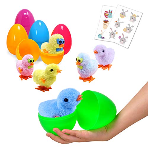 Large Surprise Eggs Filled 6 Pack Easter Eggs w/ Wind-Up Novelty Jumping Chics & Animal Stickers