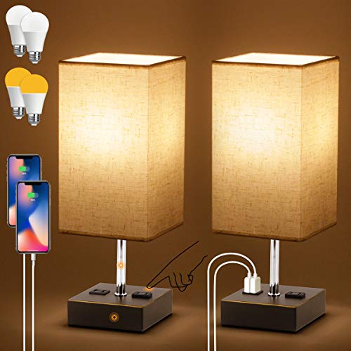 Touch Control Bedside Lamp, USB w/ 4 Bulbs,3 Way Dimmable w/ 2 USB Ports & AC Outlet