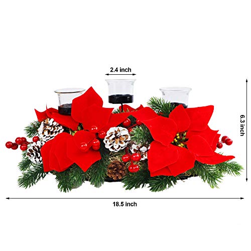 Christmas Poinsettia Centerpiece w/ 3 Candle Holders