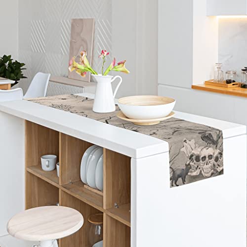 Halloween Table Runner , Vintage Cool Skull Black Cat Dresser Cover Gray Black Skeleton Burlap Day of Dead