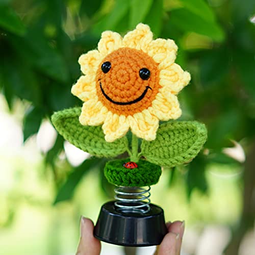 Shaking Sunflower Car Accessories Dashboard Decorations, Smiley Handmade Knitted for Car Interior Home Office Desk Decoration