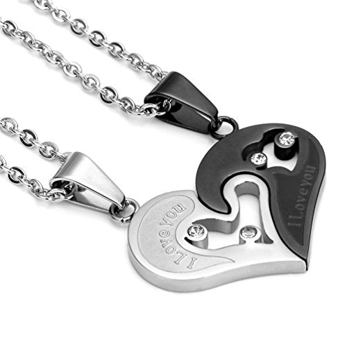 Stainless Steel Couple Necklace Pendant Love Heart CZ Puzzle Matching