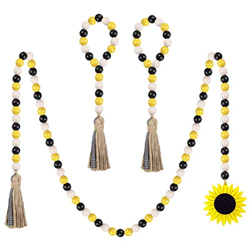 3 Pcs Sunflower Wood Bead Garland w/ Tassels & Sunflower Tag Rustic Farmhouse