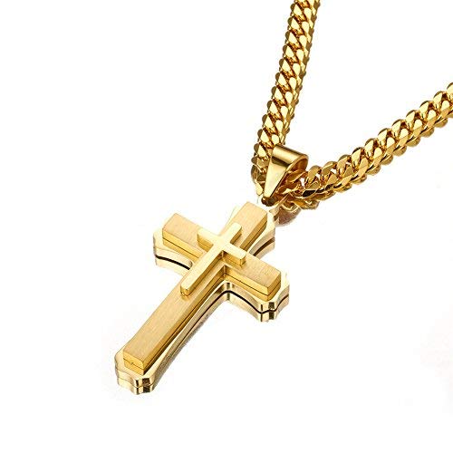 Cross Pendant Necklace Stainless Steel Double Cross Necklace with 24 inches Cuban Link Chain