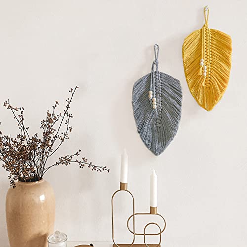 Cotton Macrame Feather Leaf w/  Wooden Beads Wall Decoration