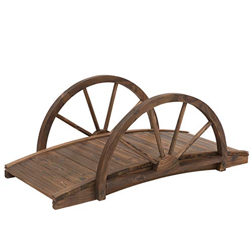 3.3ft Wooden Garden Bridge Arc Footbridge w/ Half-Wheel Style Railings