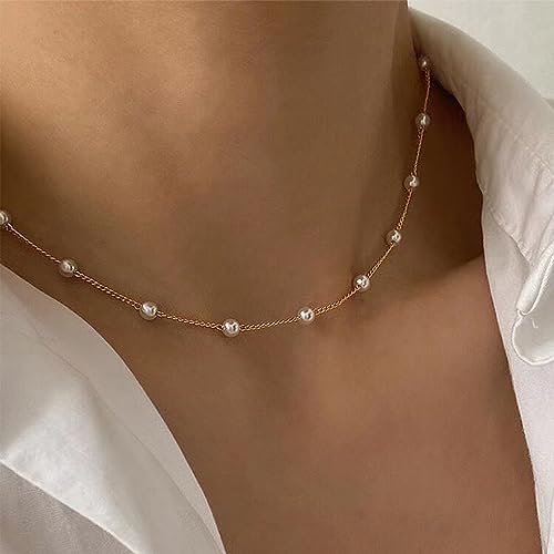 Gold Pearl Necklace, Dainty Gold Necklaces Pearl Choker Necklace Pearl Necklaces for Women Gold Jewelry