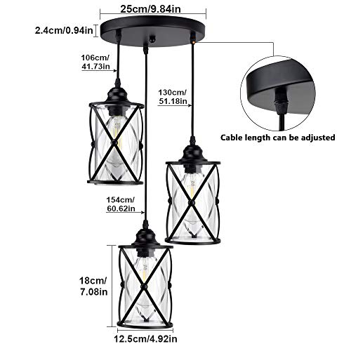 3-Light Industrial Pendant Light, Black Metal Cage Chandelier Lights