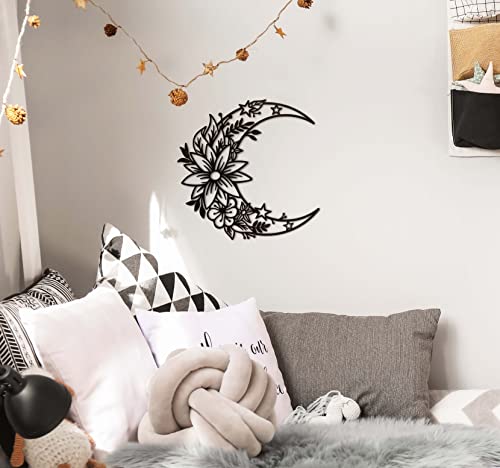 Black Boho Large Floral Moon & Star Phase Wall Decoration