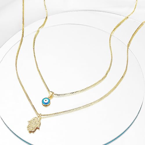 14K Gold Plated Evil Eye Necklace, Layered Necklace Bule Hamsa Eye Necklace Lucky Protection Jewelry Adjustable