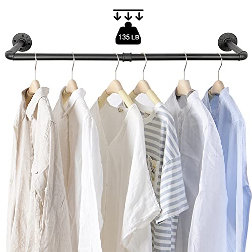 Industrial Pipe Clothes Rack 38.4", Heavy Duty Detachable Wall Mounted Black Iron Garment Bar (Two Base)