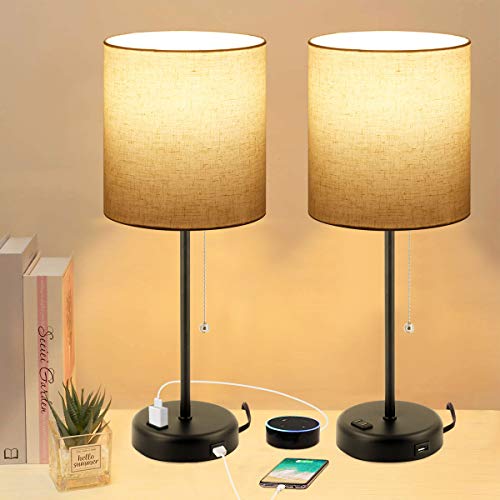 Bedside Table Lamps for Bedroom Set of 2 w/ USB Charging Port & AC Outlet  2 Blubs Included