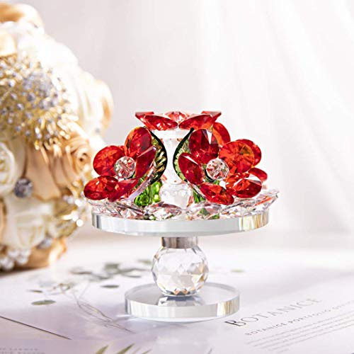 Handcrafted Red Crystal Flowers w/ Rotating Base Fengshui Home Decoration