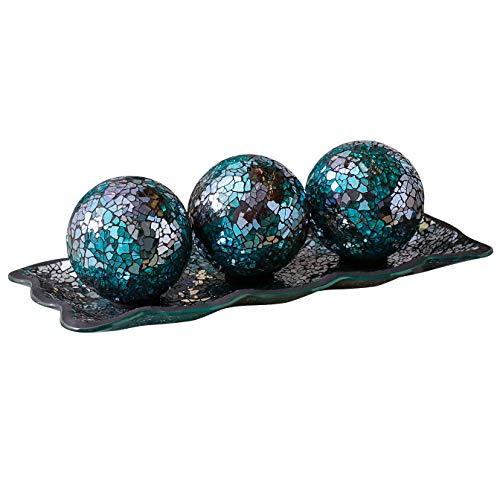 12.4” Mosaic Glass Decorative Tray Dish Plate w/ 3pcs 3" Decorative Orbs