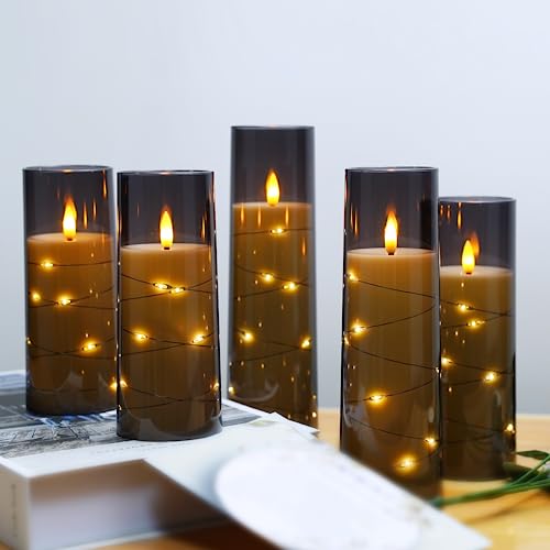 Flameless LED Timer 5 Pc Flickering Flameless Candles for Romantic Ambiance & Home Decoration Durable Acrylic Shell w/  Embedded Star String