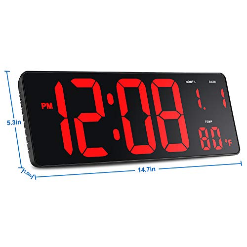 14.5" Large Digital Wall Clock w/ Jumbo LED Number Display, Auto DST, Date, Indoor Temperature