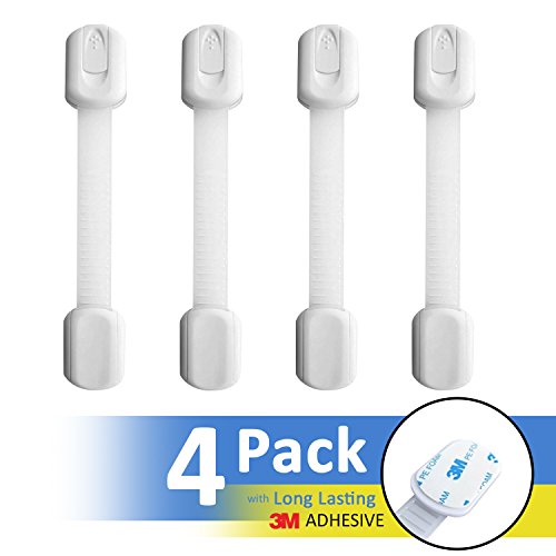 Child Safety Strap Locks (4 Pack) for Fridge, Cabinets, Drawers, 3M Adhesive No Drilling