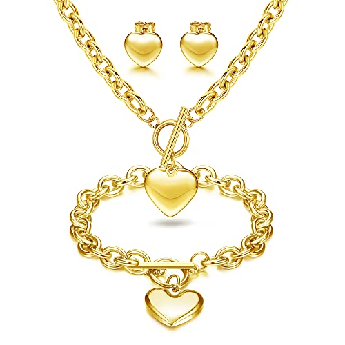 3Sets Heart Pendant Necklace Toggle Chain Heart Bracelet Heart Stud Earrings for Women