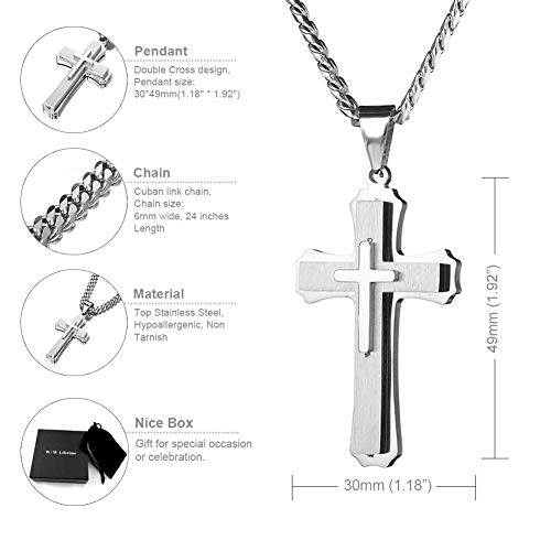 Cross Pendant Necklace Stainless Steel Double Cross Necklace with 24 inches Cuban Link Chain