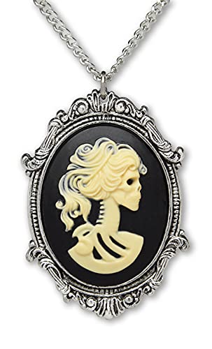 Real Metal Gothic  Skull Cameo in Pewter Frame Pendant Necklace