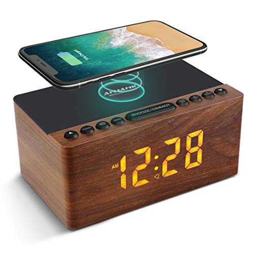 Wooden Digital Alarm Clock FM Radio,10W Fast Wireless Charger Station for iPhone/Samsung Galaxy 5