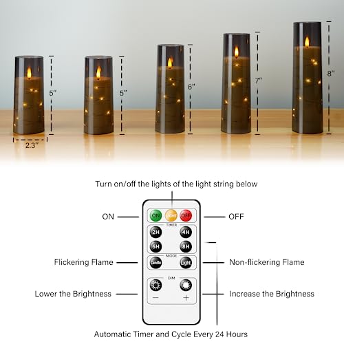 Flameless LED Timer 5 Pc Flickering Flameless Candles for Romantic Ambiance & Home Decoration Durable Acrylic Shell w/  Embedded Star String