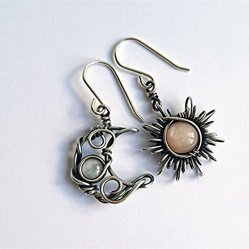 Retro Sun Moon Earrings Moonstone Asymmetric Boho style Earrings for Women Jewelry