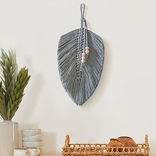 Cotton Macrame Feather Leaf w/  Wooden Beads Wall Decoration