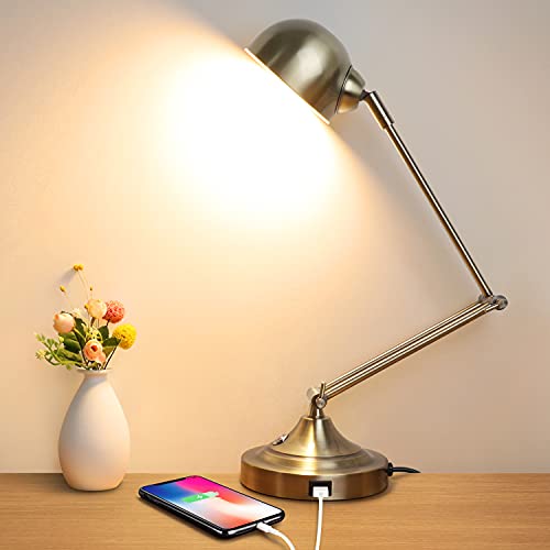 LED Desk Lamp w/ USB Charging Port, Swing Arm, Fully Dimmable, Eye-Caring