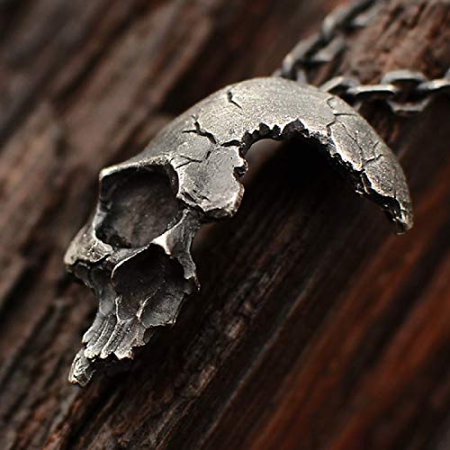 Broken Damaged Half Face Skull Pendant Necklace w/ Chain (Silver)