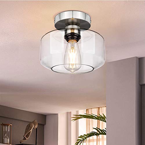 Industrial Semi Flush Mount Ceiling Light, Clear Glass Pendant Lamp Shade