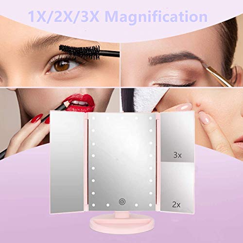 Tri-fold Lighted Vanity Makeup Mirror w/ 3x/2x Magnification, Touch Screen &180 Degree Free Rotation