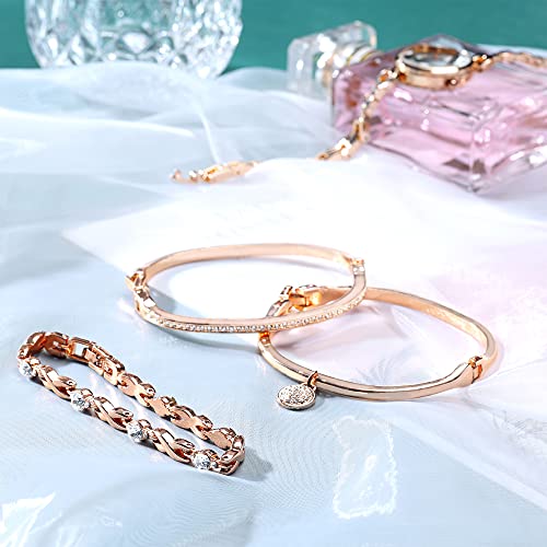 Elegant Rose Gold/Silver Watch & 3 Bracelets Set for Women