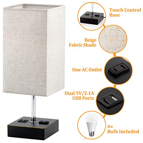 Touch Control Bedside Lamp, USB w/ 4 Bulbs,3 Way Dimmable w/ 2 USB Ports & AC Outlet