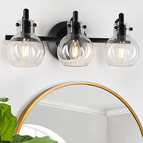 3 Lights Wall Sconce Matte Black w/  Globe Glass Shade