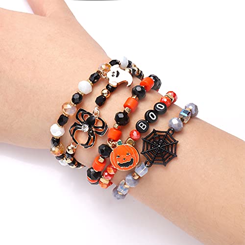 Halloween Beaded Bracelets Pumpkin Spider Ghost Charms Bracelets BOO Stretch Bracelets Holiday Set