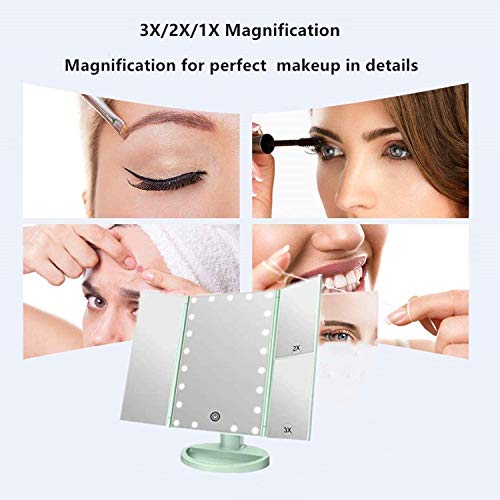 Tri-fold Lighted Vanity Makeup Mirror w/ 3x/2x Magnification, Touch Screen &180 Degree Free Rotation