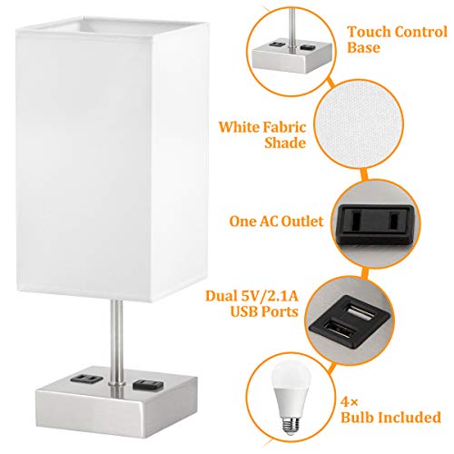 Touch Control Bedside Lamp, USB w/ 4 Bulbs,3 Way Dimmable w/ 2 USB Ports & AC Outlet