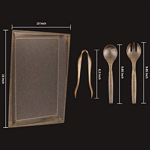 24 Pack Plastic Gold Glitter Serving Tray w/ Disposable Utensils